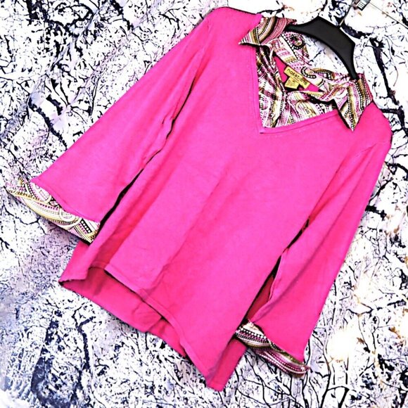 HOT PINK COLLARED SWEATER 2X Notations Satin Print Bright Dopamine Office Work - Picture 1 of 8